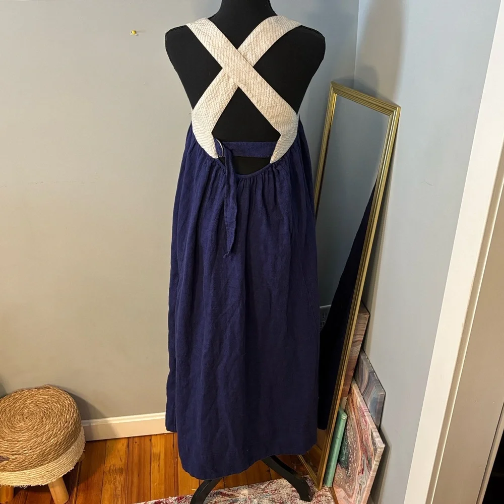 Free People Navy Blue Cotton Linen Striped‎ Bodice Open Back Maxi Dress Small